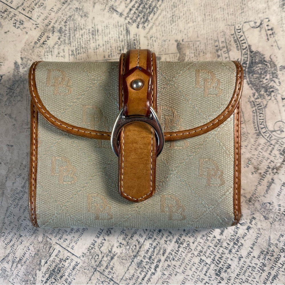 Dooney & Bourke DB Canvas Leather Trim Trifold Wallet Gold Hardware Organizer
